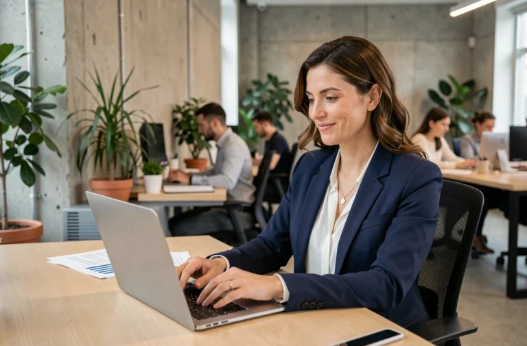 Femme entrepreneuse consultant un tableau de bord de croissance sur son ordinateur portable dans un espace de co-working moderne, illustrant l'accompagnement entrepreneurial via un portail business