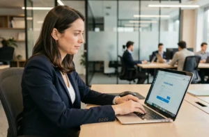 Employée en blazer marine activant son compte CSE sur un ordinateur portable dans un bureau moderne