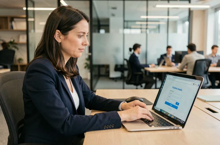 Employée en blazer marine activant son compte CSE sur un ordinateur portable dans un bureau moderne