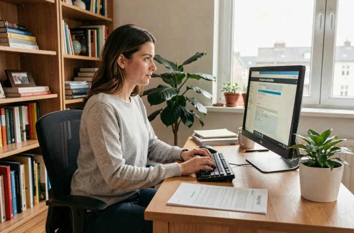 Femme activant son espace CSE Chronopost depuis un bureau à domicile avec un ordinateur de bureau