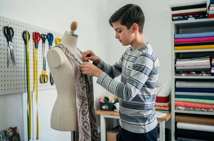 Adolescent épinglant du tissu sur un mannequin de couture dans un atelier de stylisme créatif