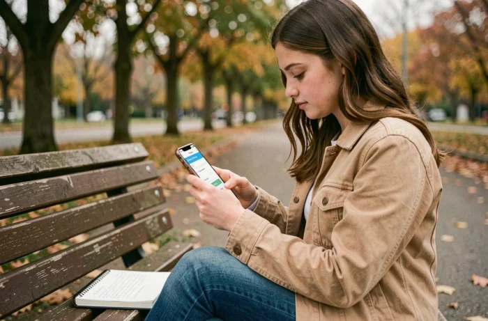 Adolescente révisant le code de la route avec une application mobile dans un parc en automne