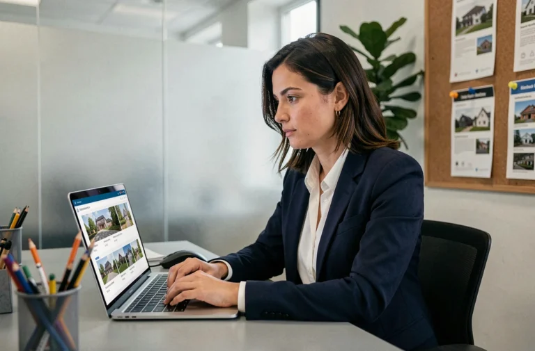 Agent immobilier professionnelle connectée à une plateforme de gestion d'annonces immobilières sur ordinateur portable dans une agence moderne