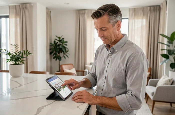 Agent immobilier masculin consultant l'application Apimo Pro sur tablette lors d'une visite de bien immobilier mis en scène