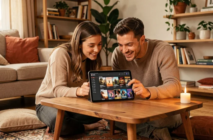 Deux amis regardant ensemble un film en streaming sur une tablette dans un salon chaleureux