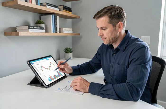 Homme consultant des graphiques financiers sur une tablette dans un bureau à domicile organisé