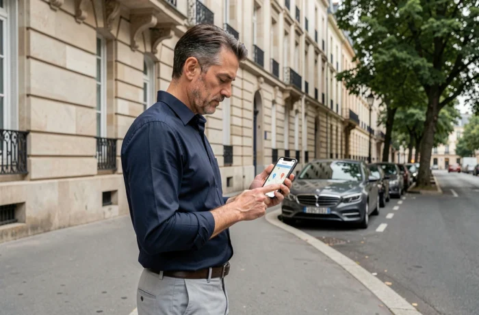 Homme consultant une application immobilière sur smartphone devant un immeuble résidentiel en ville