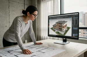 Architecte en home studio travaillant sur un logiciel de modélisation 3D en ligne avec des plans sur son bureau