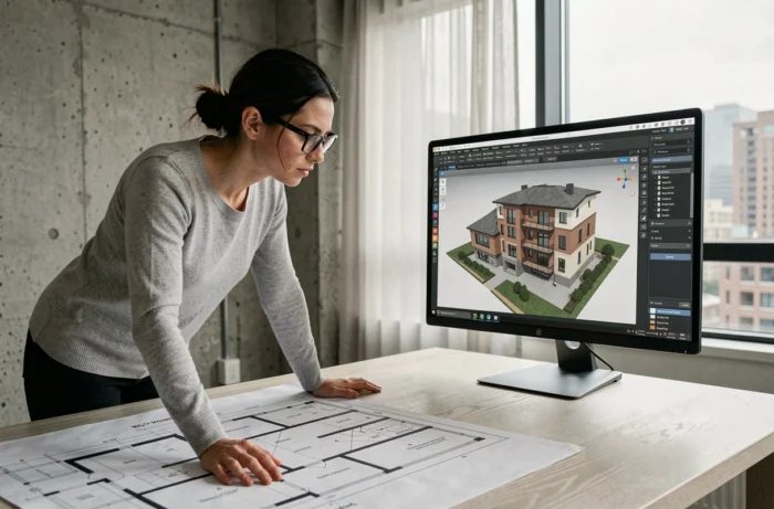 Architecte en home studio travaillant sur un logiciel de modélisation 3D en ligne avec des plans sur son bureau