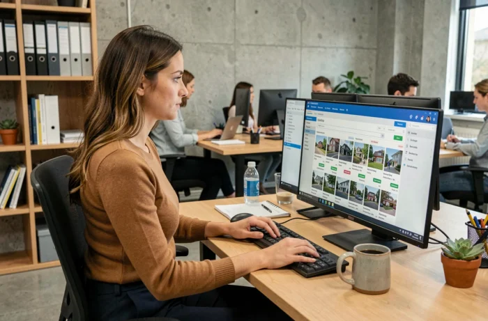 Assistante immobilière connectée à l'interface de gestion d'annonces Apimo Pro sur double écran dans un espace de co-working moderne