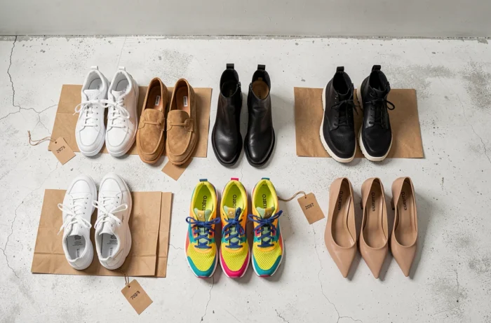 Assortiment de cinq paires de chaussures tendance disposées en flat lay sur un sol en béton blanc avec des étiquettes de prix dans un style éditorial épuré