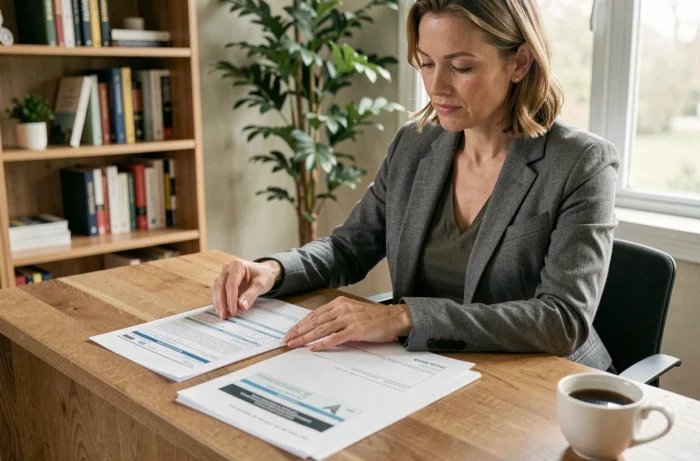 Femme examinant un contrat d'assurance automobile et une facture de reprogrammation moteur à son bureau
