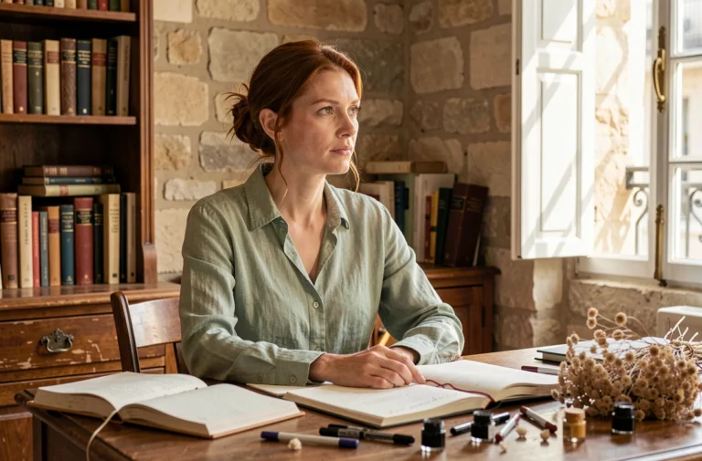 Portrait d'une femme inspirante et pensive assise à un bureau vintage parisien entouré de livres et de carnets