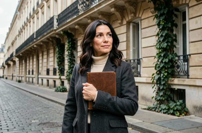 Femme élégante tenant un journal en cuir devant une façade haussmannienne parisienne en pavés et balcons en fer forgé