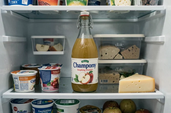 Bouteille de Champomy à moitié pleine fermée avec un bouchon hermétique conservée dans un réfrigérateur entre des aliments du quotidien