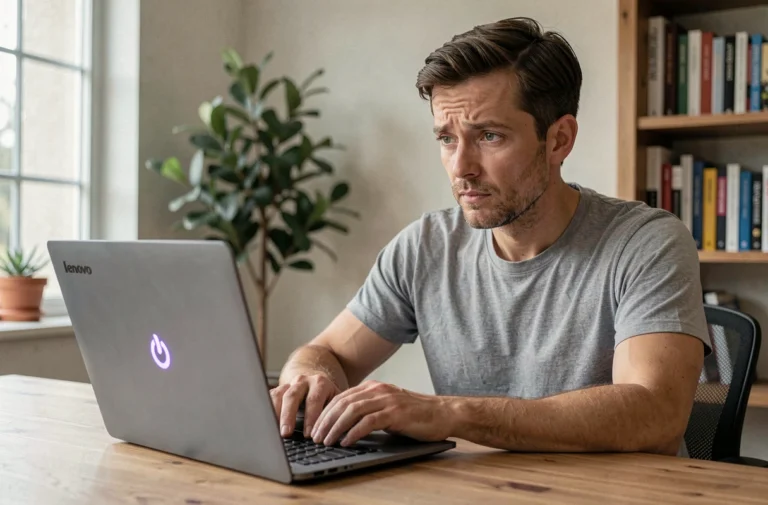 Homme perplexe devant un ordinateur portable Lenovo dont le bouton power clignote sur un bureau en bois à domicile
