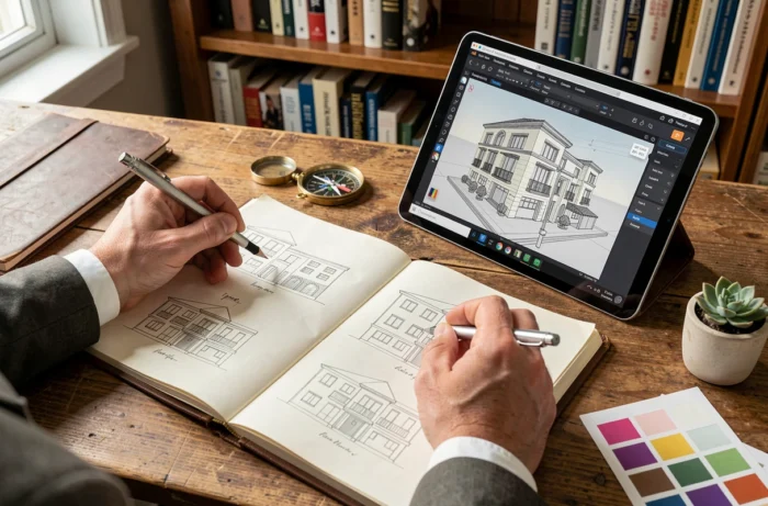 Gros plan sur un bureau d'architecte avec carnet de croquis et tablette affichant un modèle 3D en ligne