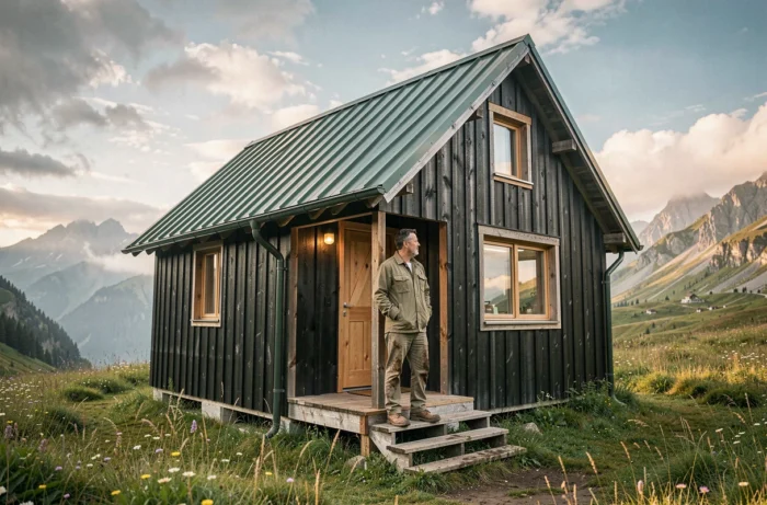 Cabane hors réseau en montagne avec bardage en bois sombre et toit en métal vert dans un pré alpin