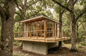 Cabane moderne dans les arbres avec grandes fenêtres panoramiques et terrasse en bois entourée de forêt dense
