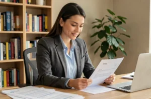 Femme préparant son dossier de candidature pour un emploi dans le secteur éducatif à son bureau à domicile