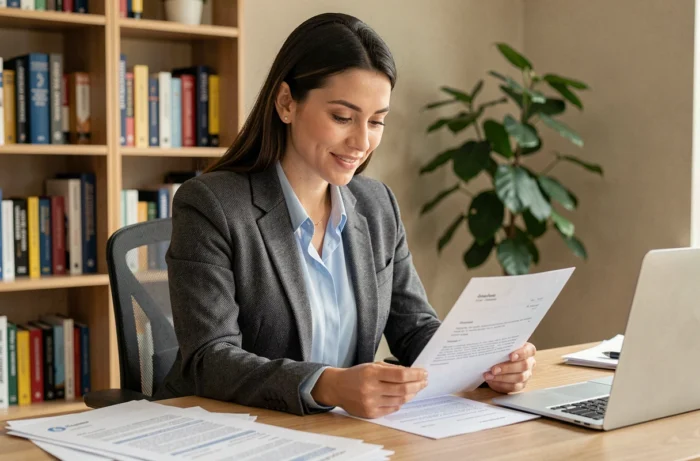 Femme préparant son dossier de candidature pour un emploi dans le secteur éducatif à son bureau à domicile
