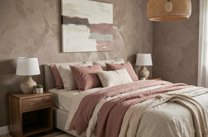 Chambre contemporaine cocooning avec literie en lin et coton, tables de chevet en noyer et finition murale en plâtre texturé
