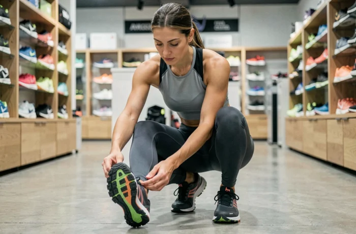 Femme sportive choisissant des chaussures de running dans un magasin de sport spécialisé