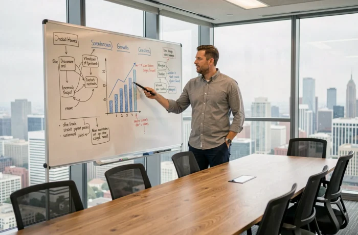 Coach en développement d'entreprise présentant une stratégie de croissance sur tableau blanc dans une salle de réunion professionnelle avec vue sur la ville, symbolisant l'accompagnement stratégique Scalora-Business
