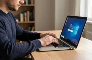 Homme tapant un code PIN confidentiel Microsoft sur un ordinateur portable Windows dans un bureau à domicile moderne