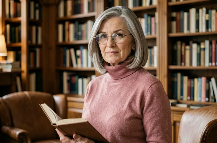 Femme élégante de 65 ans avec carré court poivre et sel et lunettes ovales dans une bibliothèque chaleureuse
