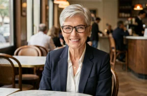 Femme de 60 ans avec coiffure courte pixie grise et lunettes rectangulaires en écaille dans un café parisien