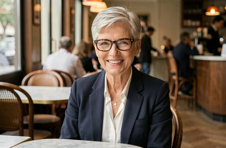 Femme de 60 ans avec coiffure courte pixie grise et lunettes rectangulaires en écaille dans un café parisien