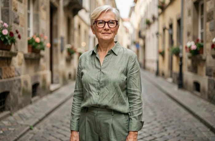 Femme de 62 ans coiffure courte blanche avec lunettes carrées bordeaux dans une rue pavée européenne