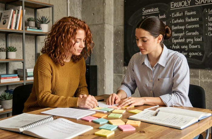 Deux femmes collaborant sur l'organisation des rubriques d'un blog dédié à la création dans un espace de coworking