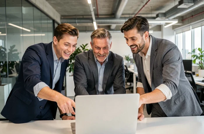 Collègues de bureau réagissant ensemble à des tendances virales sur un ordinateur portable