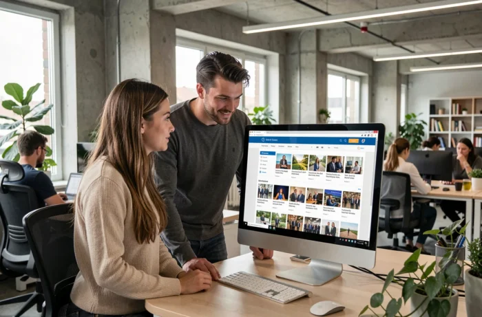 Deux collègues consultant un portail d'informations en ligne sur un grand écran dans un open space moderne
