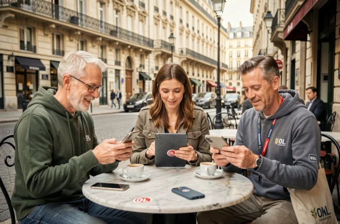 Fans de l'Olympique Lyonnais échangeant sur un forum communautaire depuis une terrasse de café à Lyon
