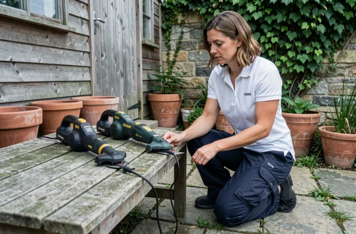 Femme comparant deux modèles de taille-bordures posés sur une table en bois dans un jardin