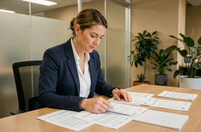 Comptable analysant des relevés bancaires et le compte 515 dans un bureau professionnel moderne