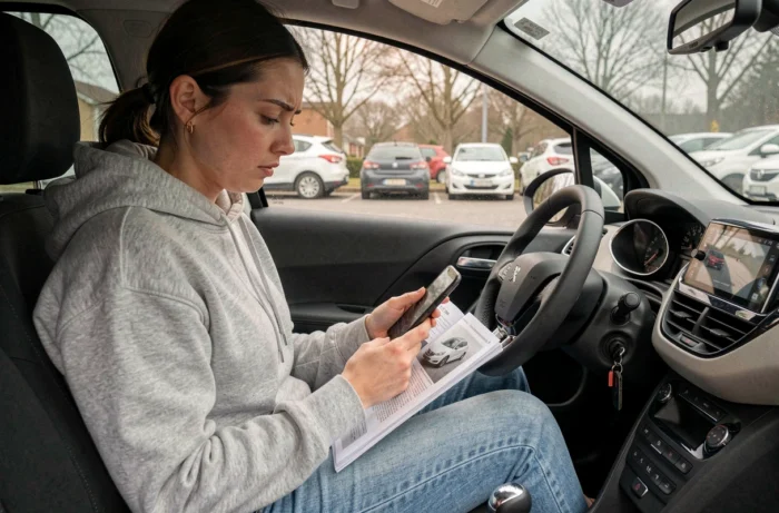 Femme consultant son téléphone et le manuel de sa Peugeot 208 pour comprendre le voyant clé à molette