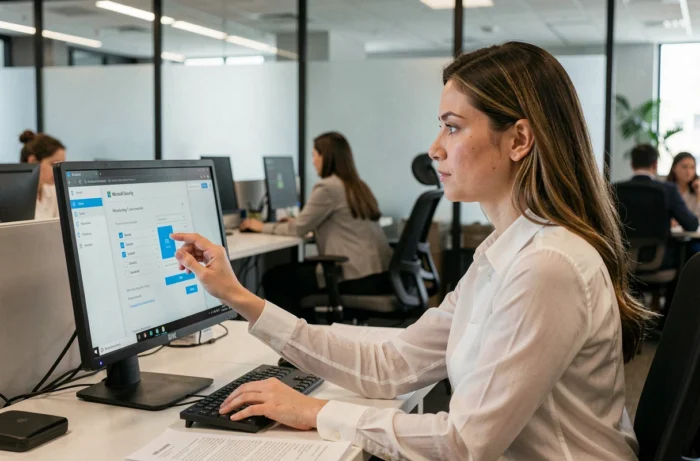Femme configurant un code confidentiel Microsoft sur un écran Windows dans un open space professionnel