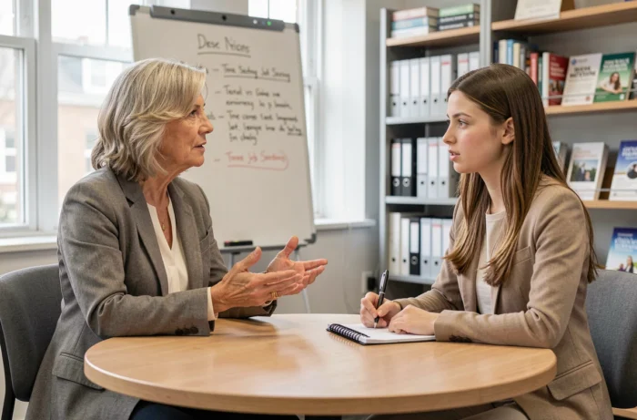 Conseillère d'orientation aidant une jeune femme à trouver un emploi dans le secteur éducatif dans un centre de carrières universitaire