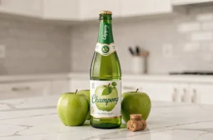 Bouteille de Champomy fermée posée sur un plan de travail en marbre blanc dans une cuisine moderne, entourée de pommes vertes fraîches