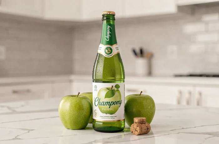 Bouteille de Champomy fermée posée sur un plan de travail en marbre blanc dans une cuisine moderne, entourée de pommes vertes fraîches