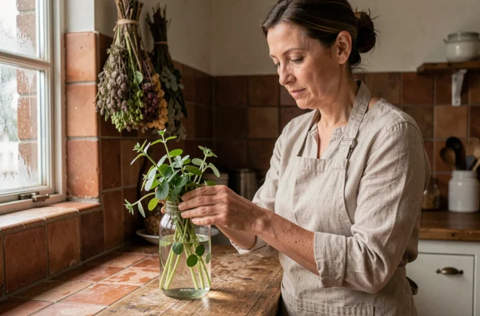 Femme conservant du pourpier frais dans un bocal en verre dans une cuisine rustique en hiver