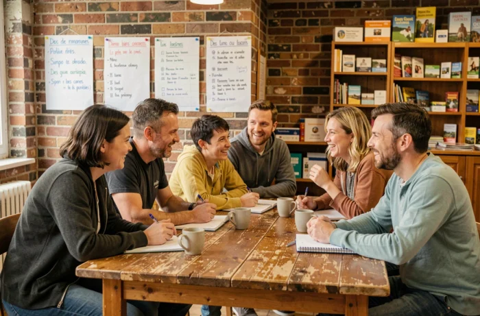 Groupe de citoyens engagés réunis autour d'une table en bois dans un centre communautaire, discutant de convictions partagées pour bâtir une société solidaire
