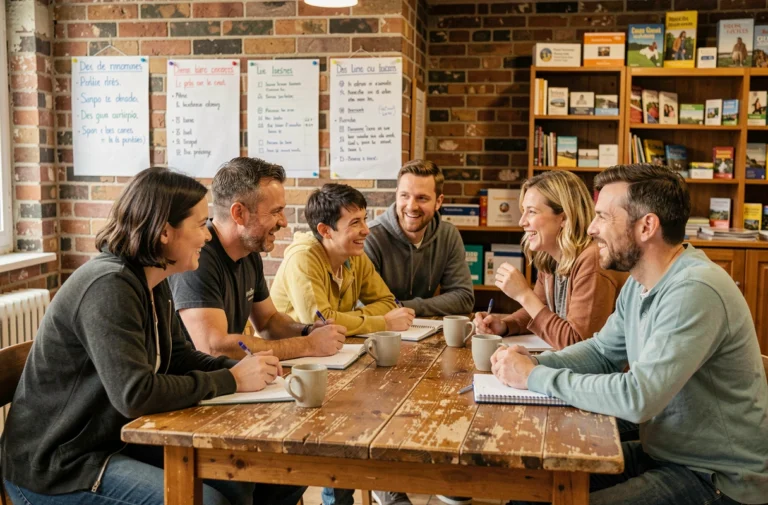 Groupe de citoyens engagés réunis autour d'une table en bois dans un centre communautaire, discutant de convictions partagées pour bâtir une société solidaire