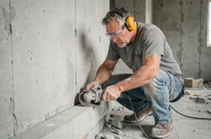 Ouvrier du bâtiment découpant une dalle béton à l'aide d'une meuleuse à disque diamant, proche d'un mur intérieur lors de travaux de rénovation