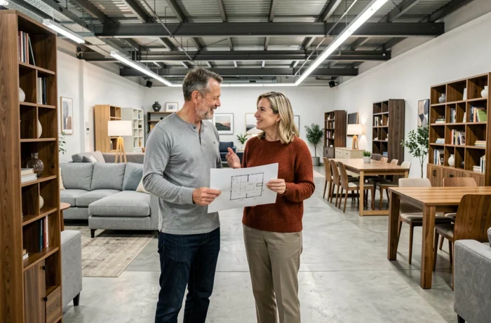 Couple en train de choisir des meubles dans une grande salle d'exposition de mobilier contemporain