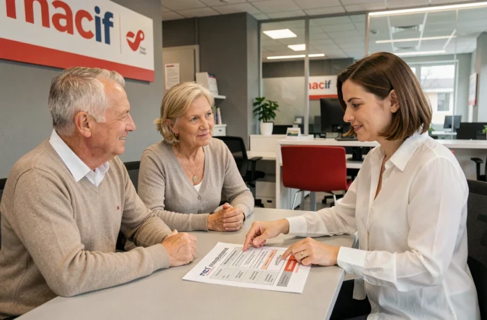 Couple en rendez-vous avec un conseiller Macif pour comprendre les conditions de franchise de leur assurance